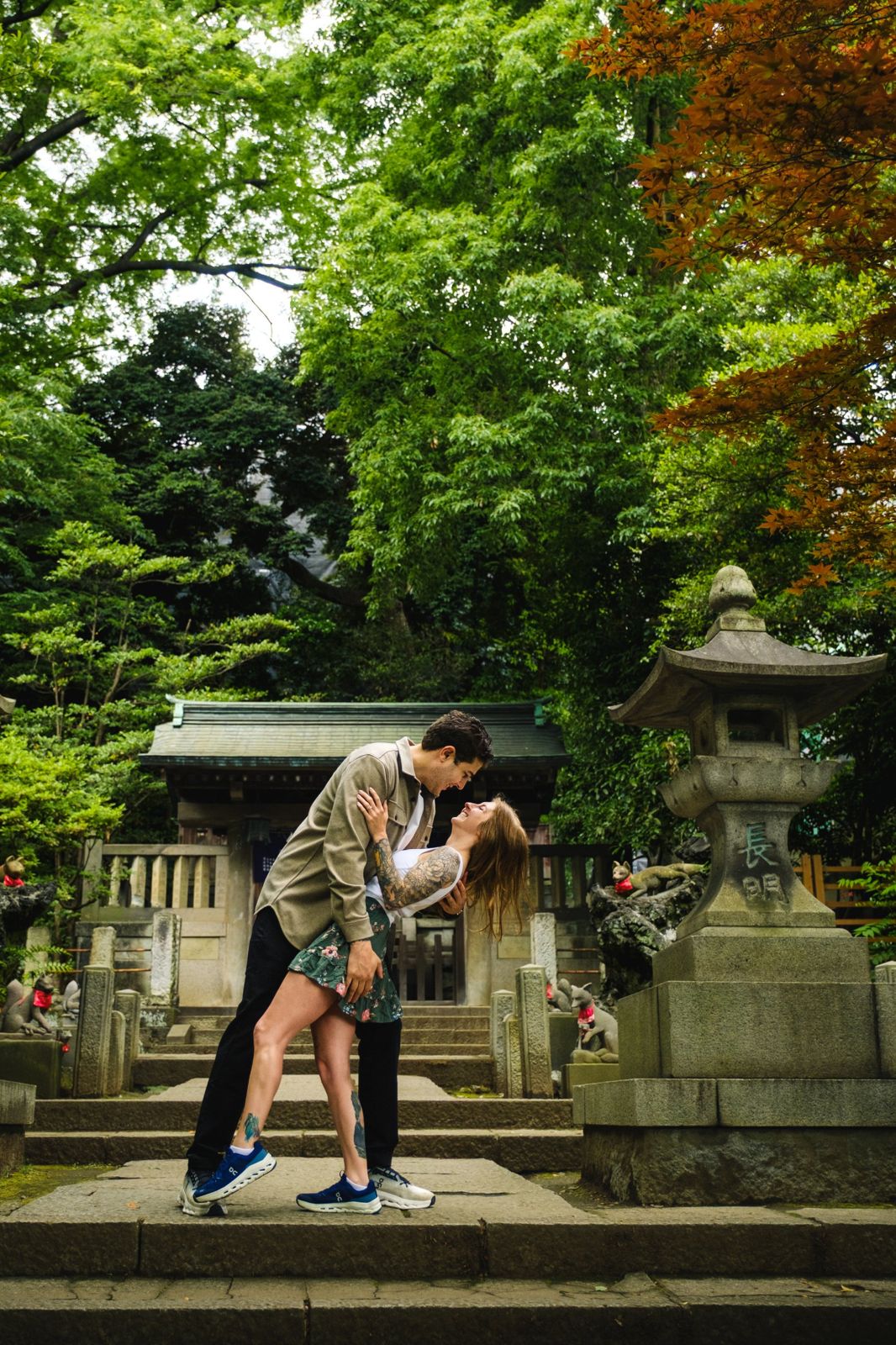 Matt dipping Maddie on the shrine steps
